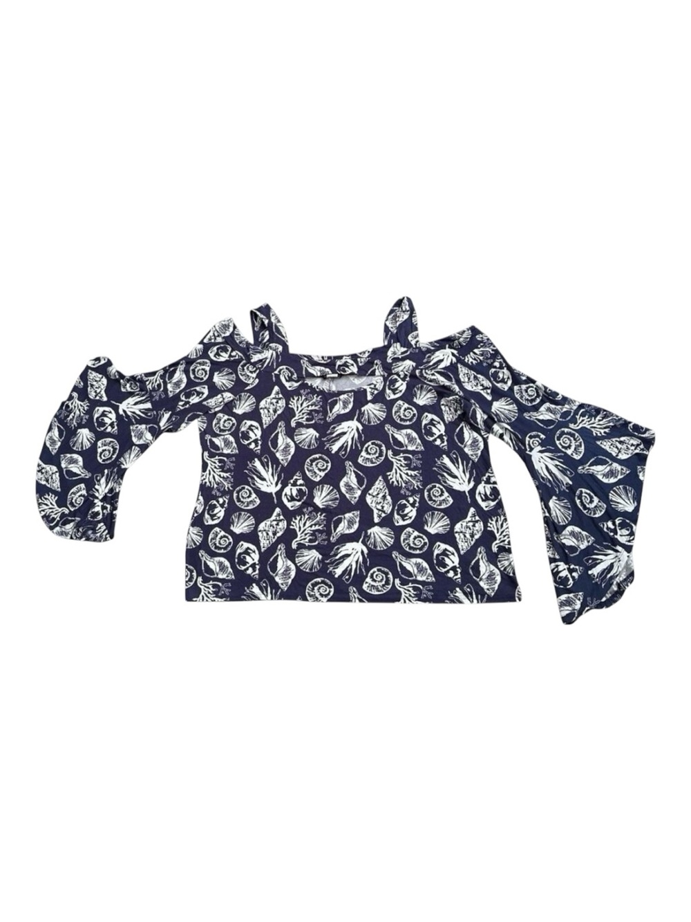 Venus Top Womens Plus 3X Navy White Seashell Cold Shoulder Bell Sleeve Stretch